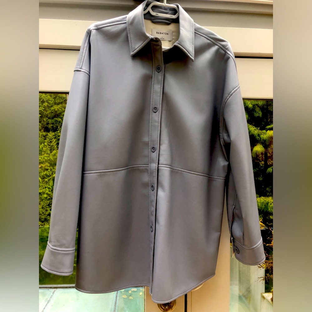 Aritzia Babaton Vegan leather Pelli shirt in light blue, size large